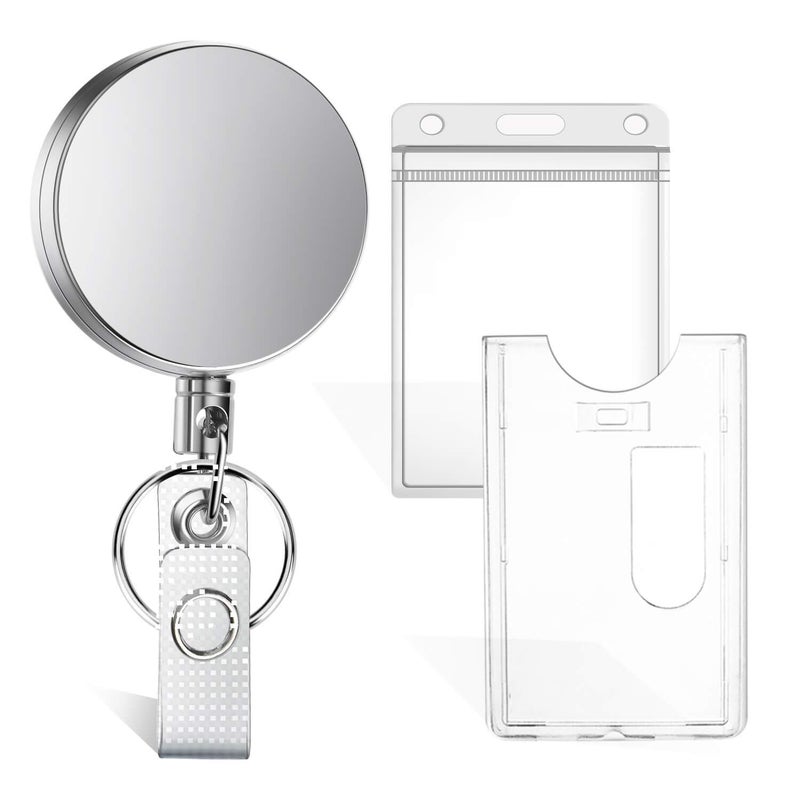 Selizo Retractable Badge Holder with Keychain Ring Clip Metal Badge Reel with Plastic ID Holder and Heavy Duty Name Card Holder for ID Card Key Card Carabiner Work Badge - Image 1